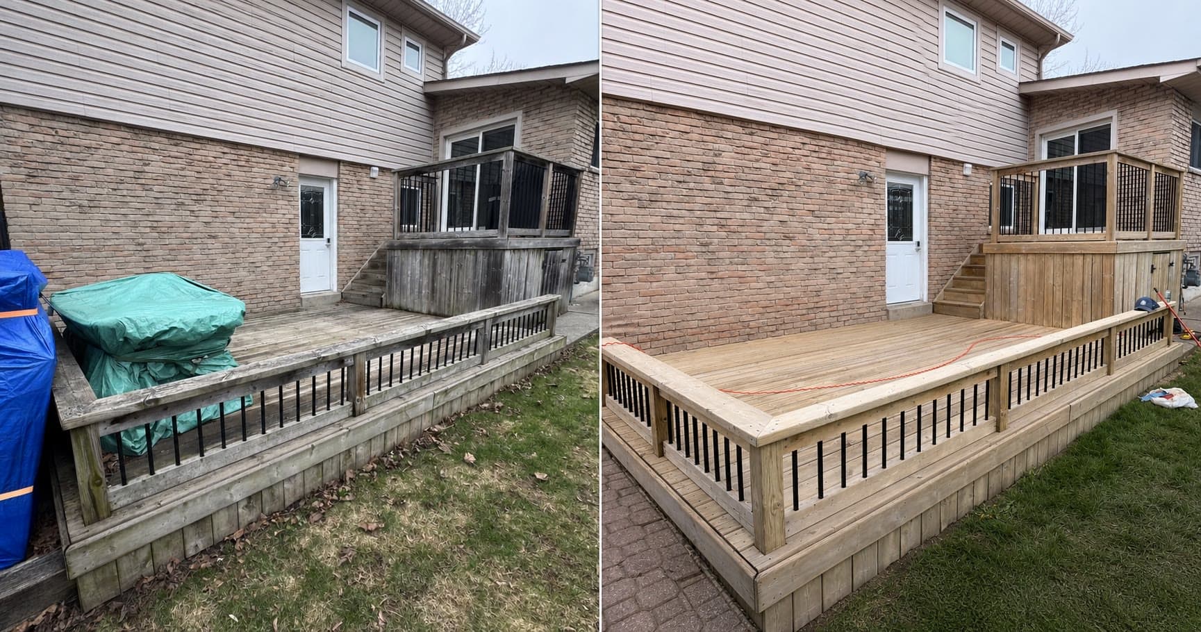 Backyard deck before and after wood refinishing